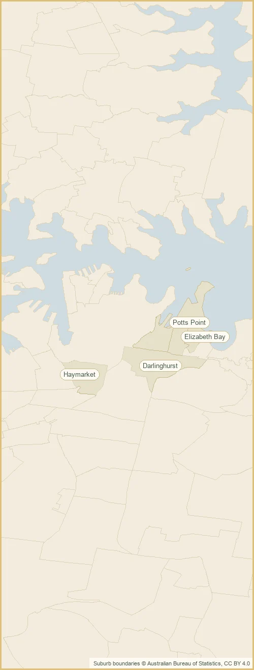 Map of the the Sydney CBD plumbing service area, with the Sydney CBD shaded and the surrounding suburbs marked: Haymarket, Darlinghurst, Woolloomooloo and more