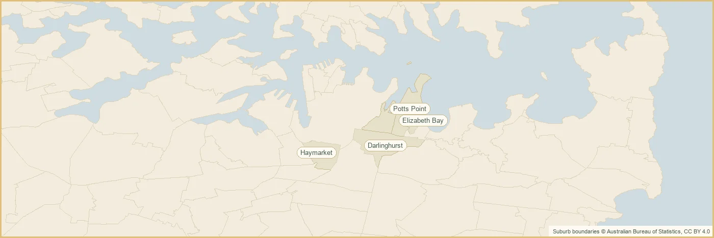 Map of the the Sydney CBD plumbing service area, covering Haymarket, Darlinghurst, Woolloomooloo, Potts Point, Elizabeth Bay, Haymarket, Darlinghurst, Woolloomooloo, Potts Point, Elizabeth Bay, Haymarket, Darlinghurst, Woolloomooloo, Potts Point, Elizabeth Bay, Haymarket, Darlinghurst, Woolloomooloo and Potts Point